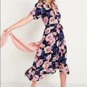 Coquette Hyper Feminine Waist-Defined Ruffle Tie-Belt Wrap Dress Navy Floral XS